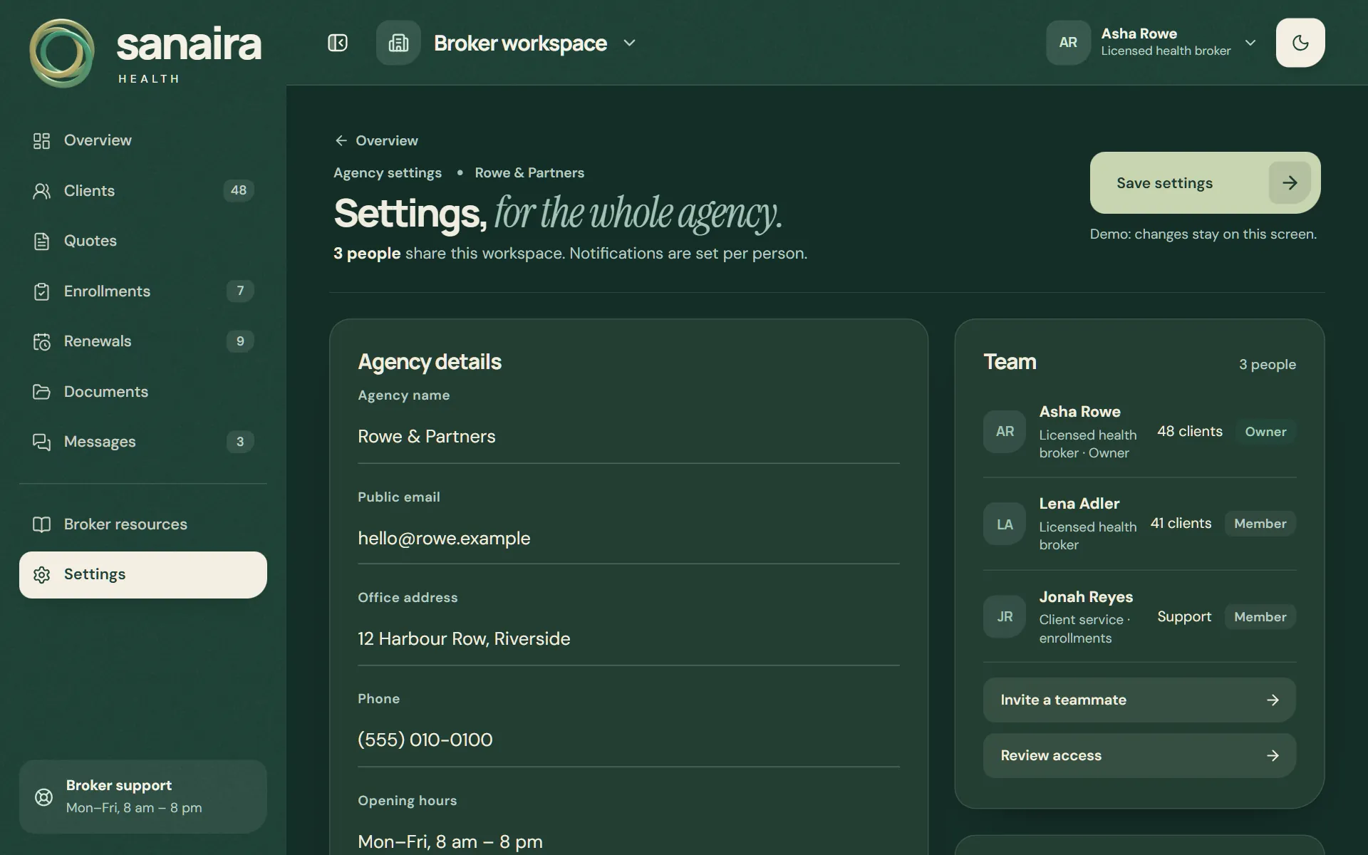 Agency settings for Rowe & Partners: agency details, notifications and the team of three with owner and member access, an invite button and a review-access button.