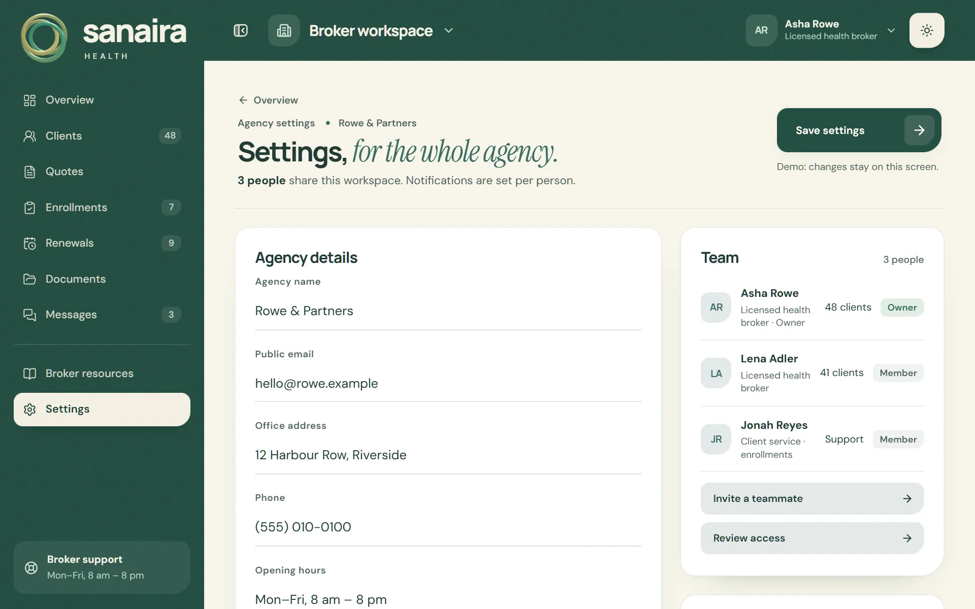 Agency settings for Rowe & Partners: agency details, notifications and the team of three with owner and member access, an invite button and a review-access button.