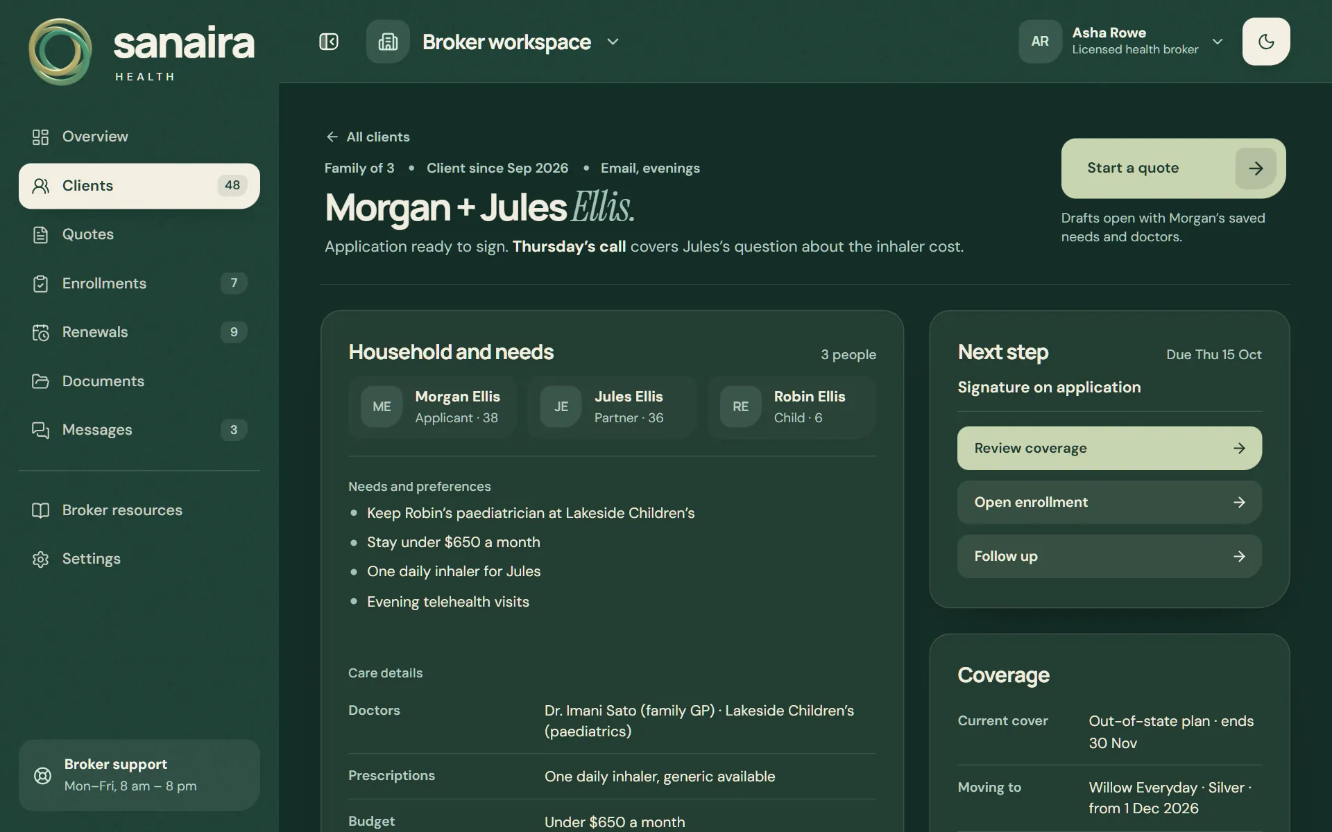 Client profile for Morgan and Jules Ellis: three household members, their needs and preferences, doctors, prescriptions and budget, the next step and current coverage.