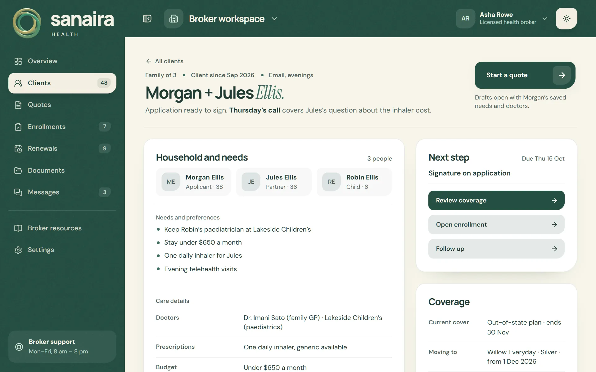 Client profile for Morgan and Jules Ellis: three household members, their needs and preferences, doctors, prescriptions and budget, the next step and current coverage.