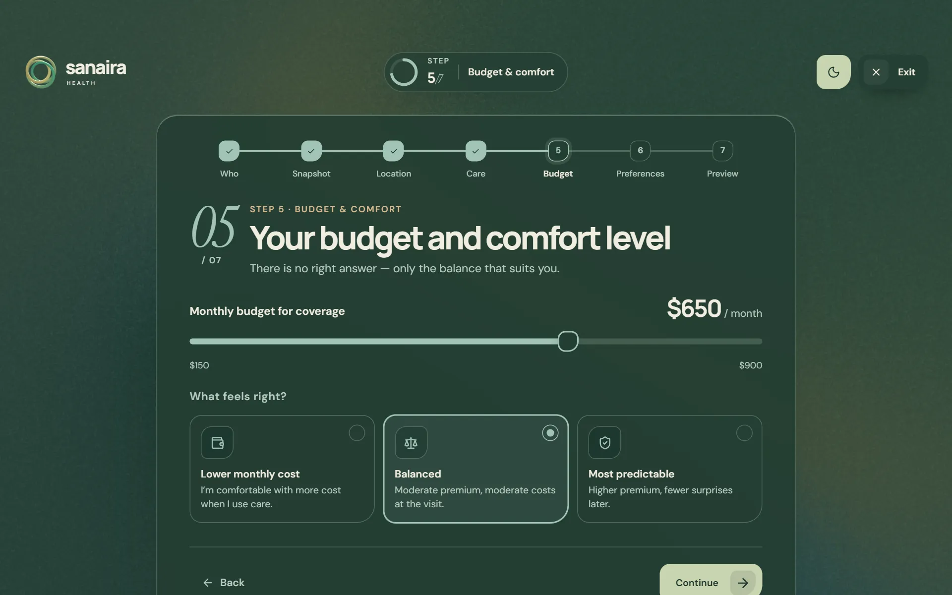 Sanaira coverage finder, step 5 of 7: a monthly budget of $650 for a family of three and a balanced comfort level chosen.