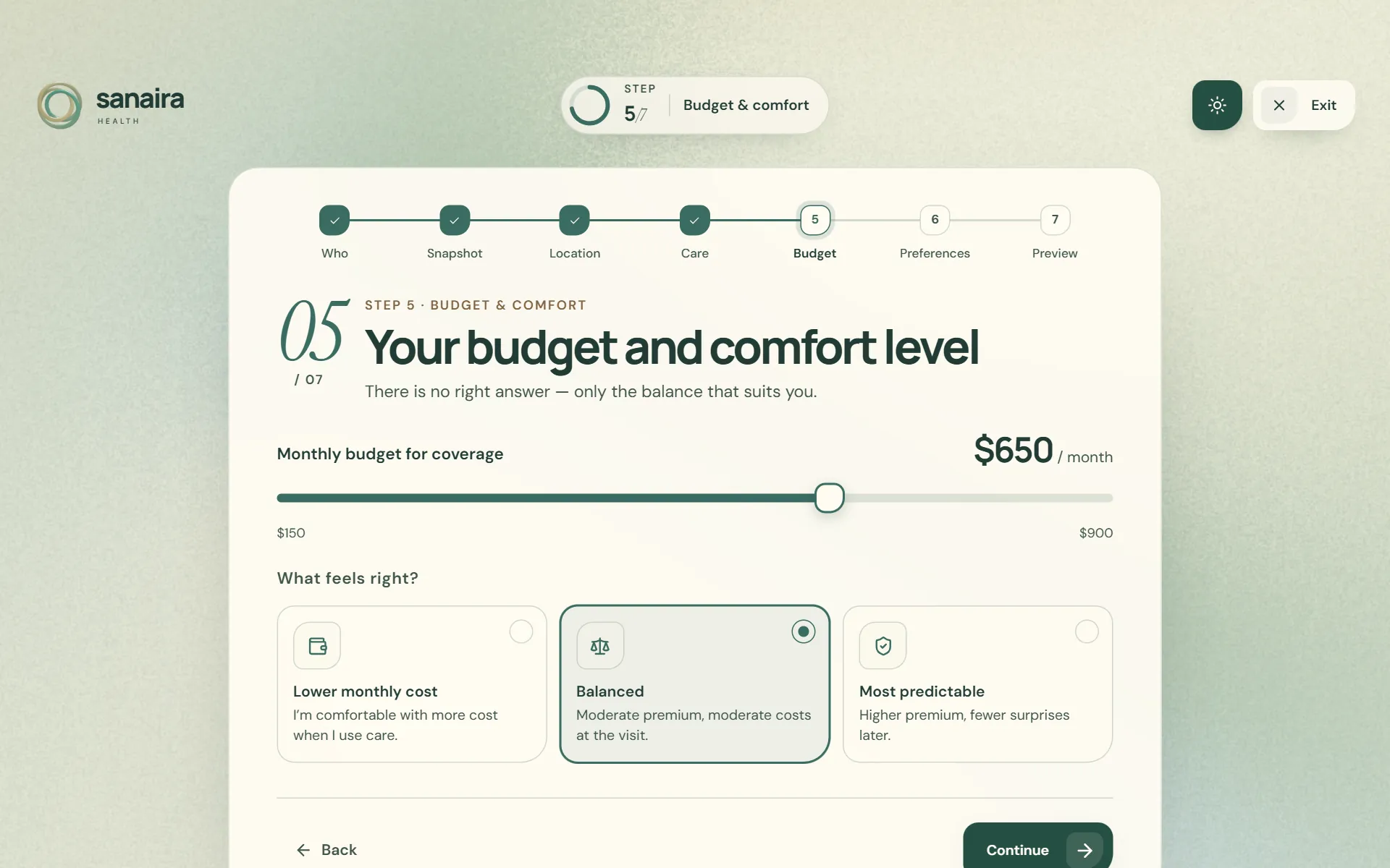 Sanaira coverage finder, step 5 of 7: a monthly budget of $650 for a family of three and a balanced comfort level chosen.