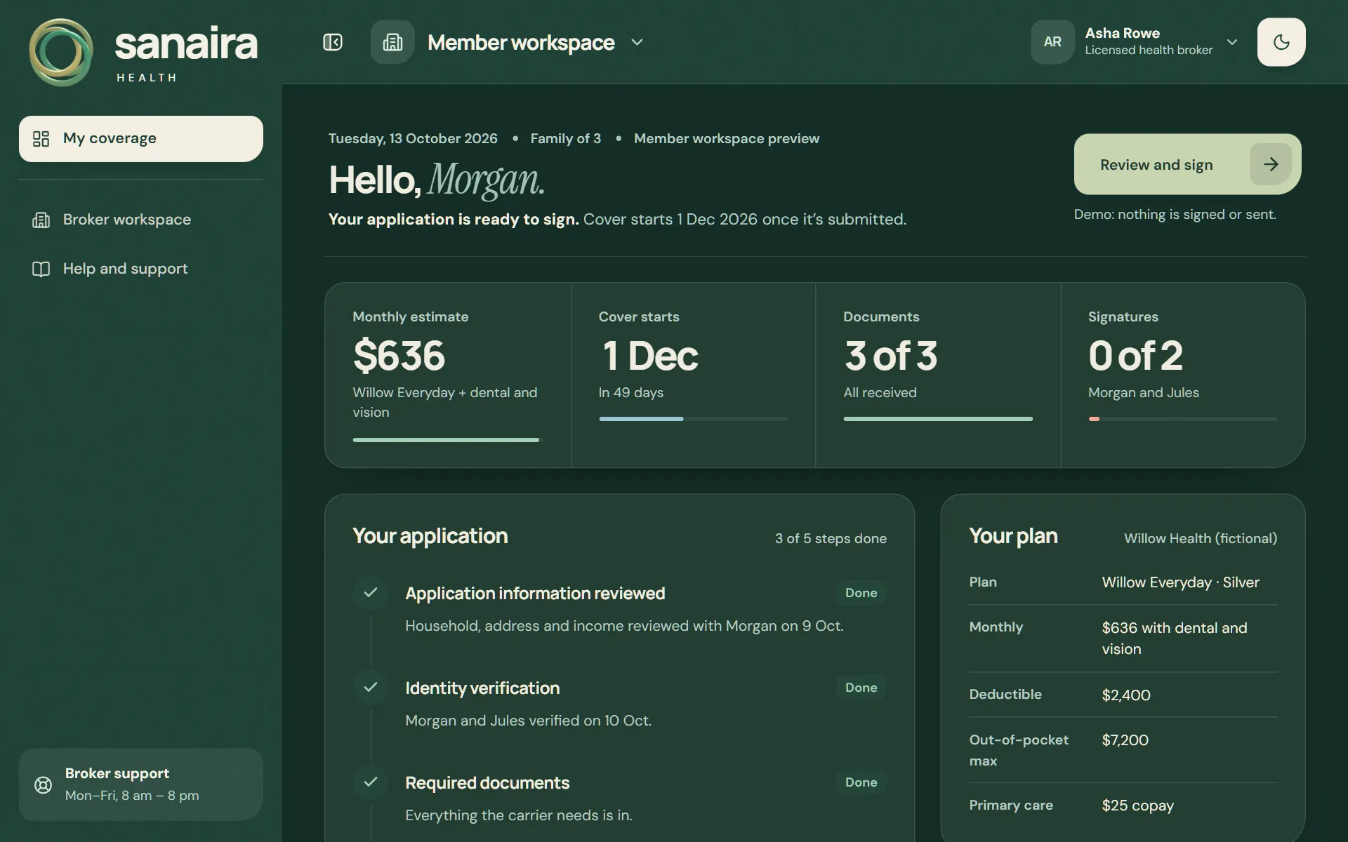 Member workspace for Morgan Ellis: a $636 monthly estimate, cover starting 1 December, documents received, the application steps and the chosen Willow Everyday plan.