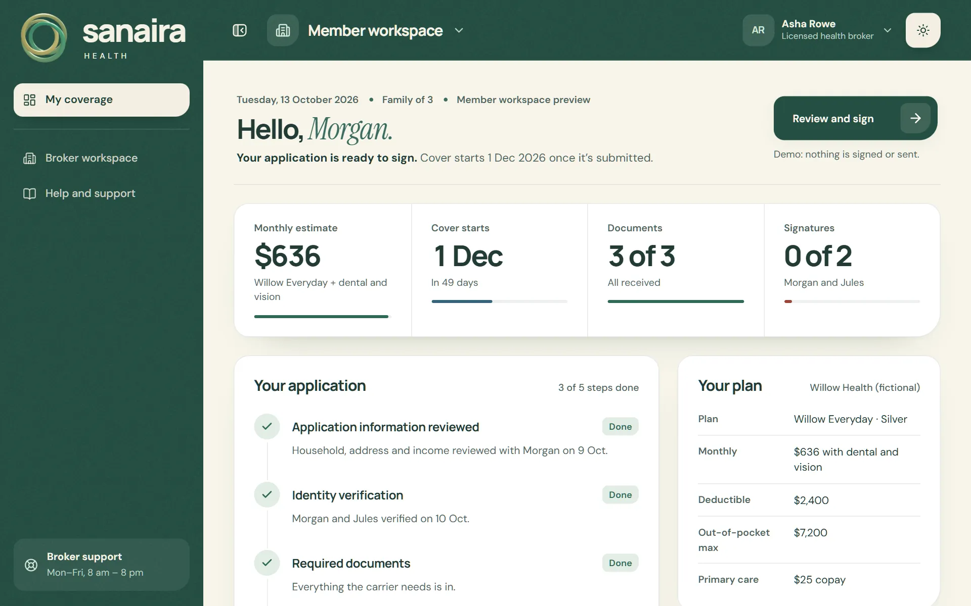 Member workspace for Morgan Ellis: a $636 monthly estimate, cover starting 1 December, documents received, the application steps and the chosen Willow Everyday plan.