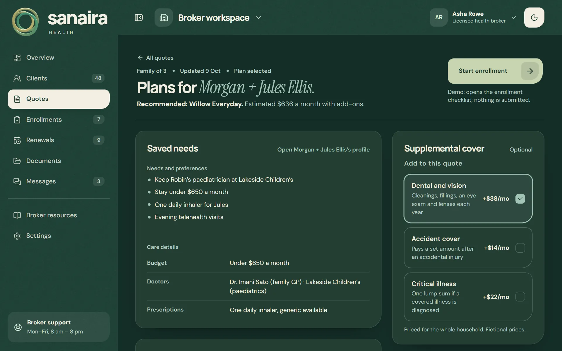 Quote for Morgan and Jules Ellis with their saved needs and care details beside optional supplemental cover, where dental and vision is added for $38 a month.