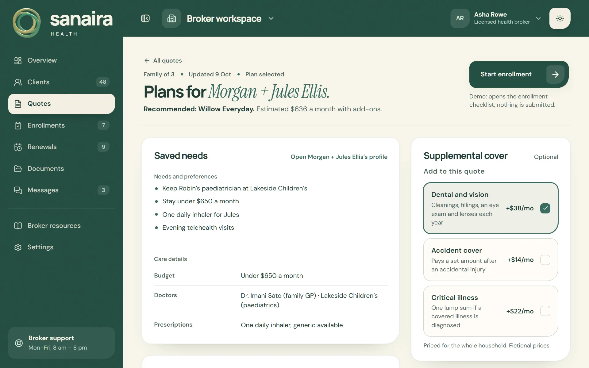 Quote for Morgan and Jules Ellis with their saved needs and care details beside optional supplemental cover, where dental and vision is added for $38 a month.