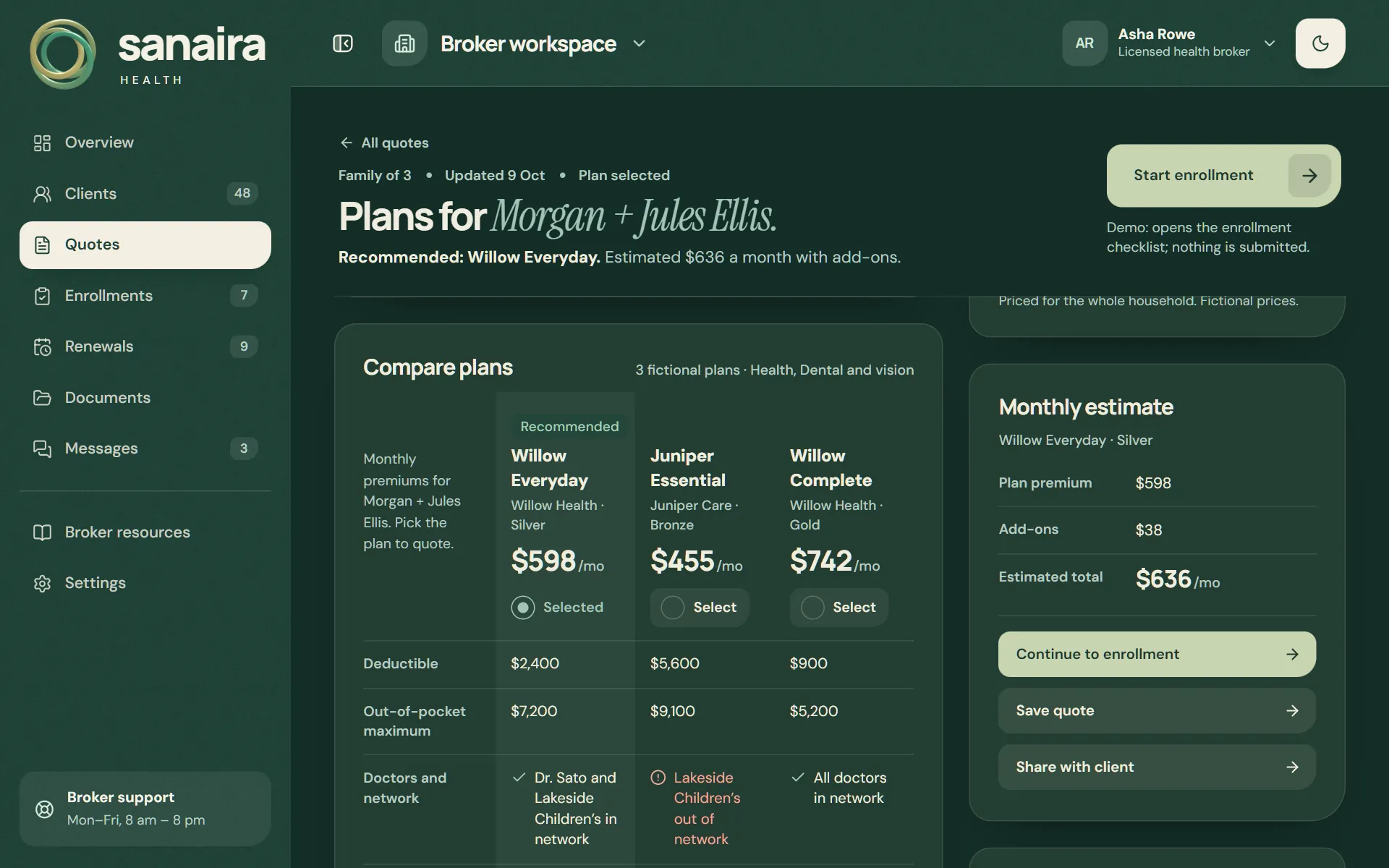 Plan comparison for Morgan and Jules Ellis: Willow Everyday recommended at $598 a month beside Juniper Essential and Willow Complete, with deductibles, out-of-pocket maximums, doctor network checks and prescription costs.