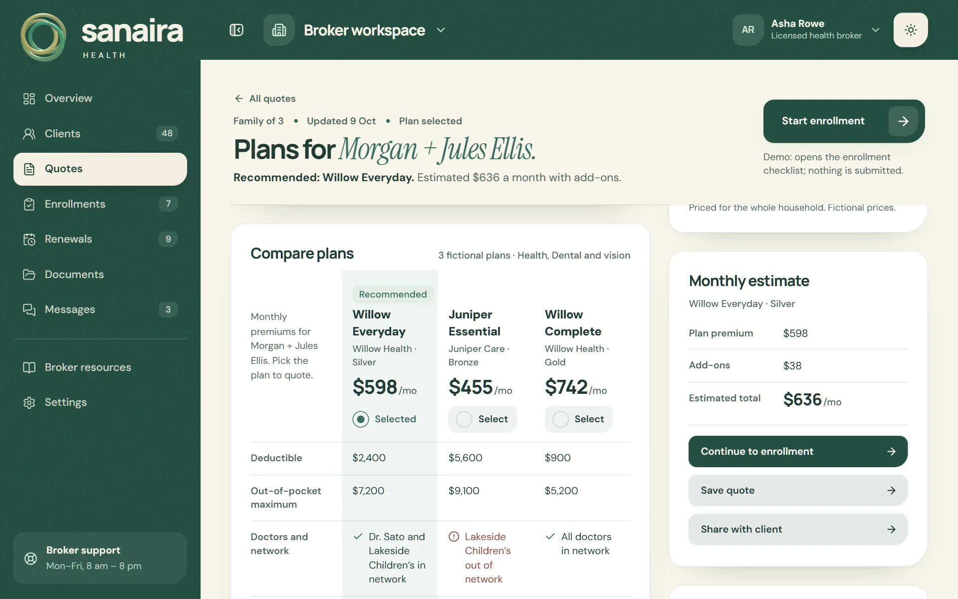 Plan comparison for Morgan and Jules Ellis: Willow Everyday recommended at $598 a month beside Juniper Essential and Willow Complete, with deductibles, out-of-pocket maximums, doctor network checks and prescription costs.