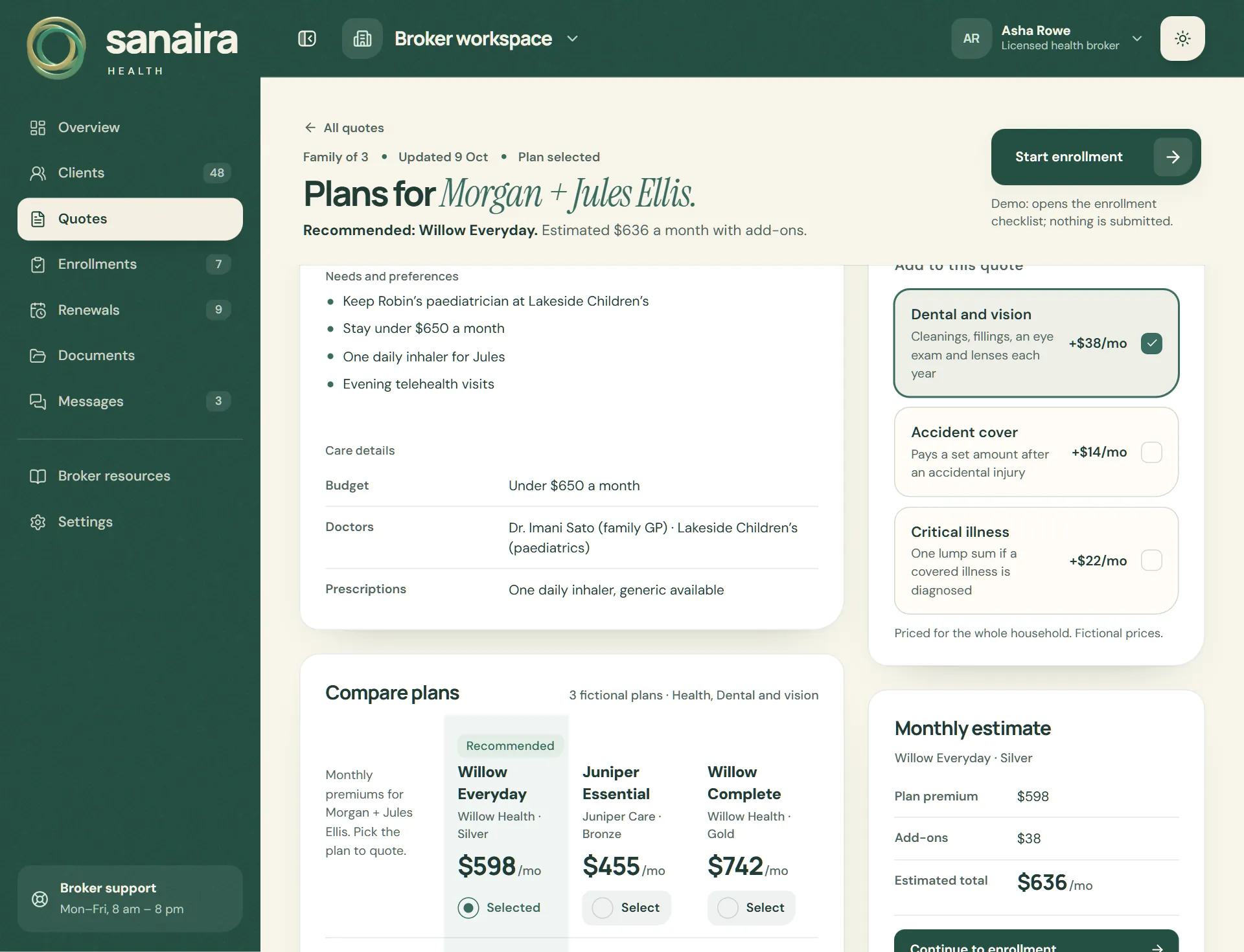 Quote for Morgan and Jules Ellis with dental and vision added for $38 a month — cleanings, fillings, an eye exam and lenses each year — and the monthly estimate of $598 plus $38, $636 in total.