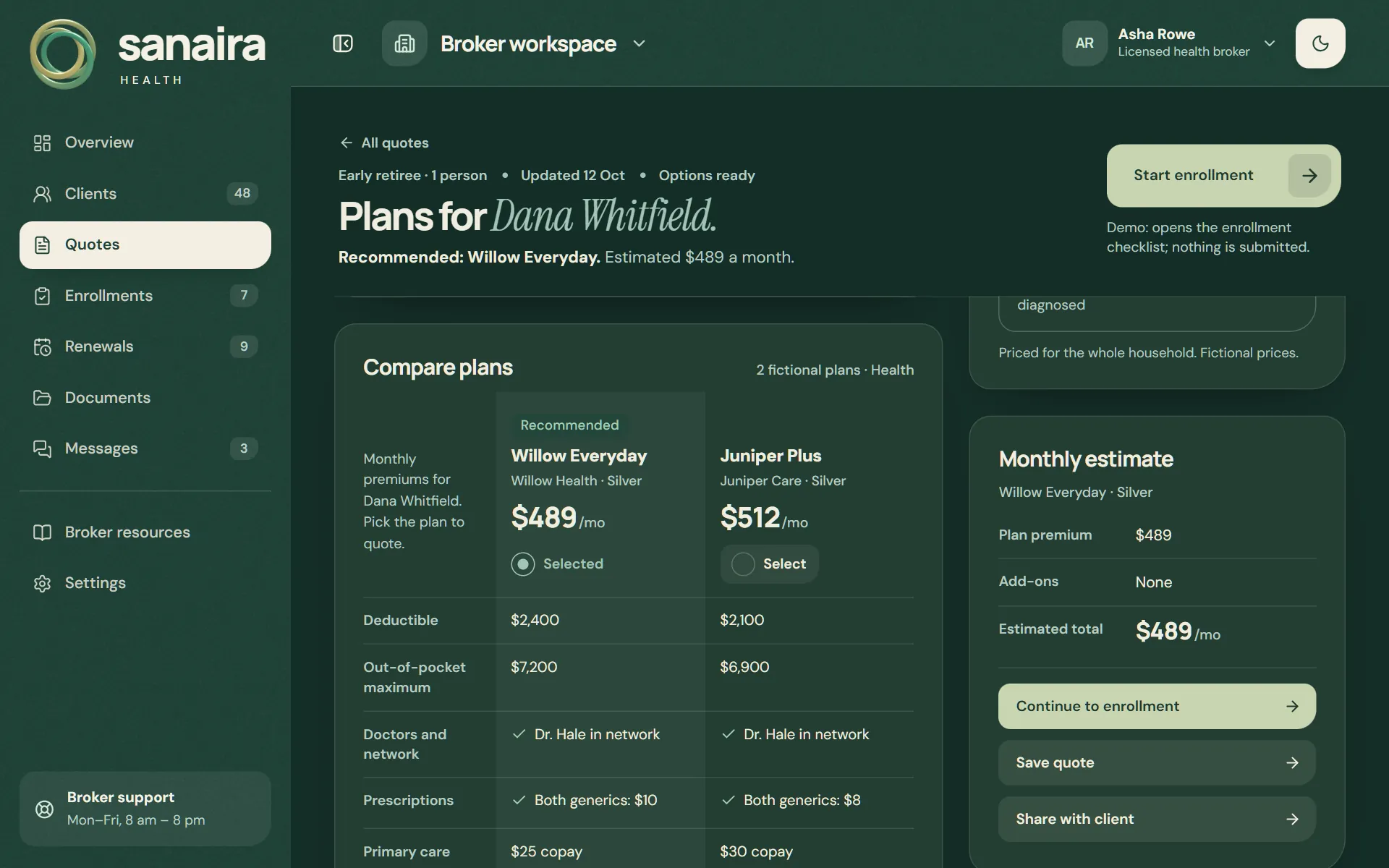 Plan comparison for Dana Whitfield: Willow Everyday and Juniper Plus side by side, with deductible, out-of-pocket maximum, doctor network, prescriptions, primary care, specialist and telehealth costs.