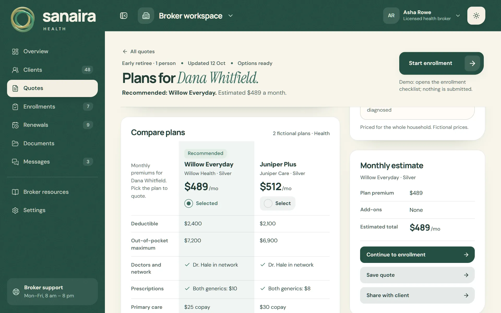 Plan comparison for Dana Whitfield: Willow Everyday and Juniper Plus side by side, with deductible, out-of-pocket maximum, doctor network, prescriptions, primary care, specialist and telehealth costs.